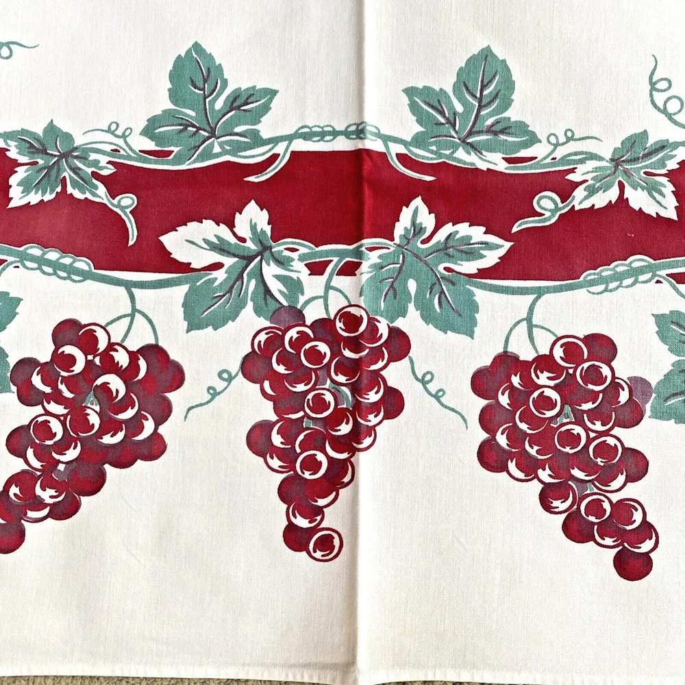 Vintage Mid Century Printed Cotton Tablecloth Red & Mint Green Grapevine Border